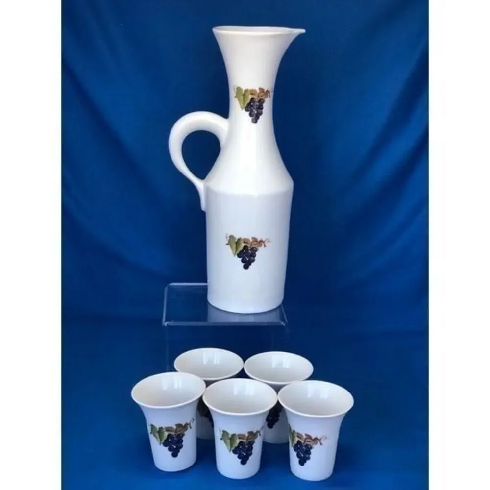 Vintage Naaman Israel Porcelain Grapes Decanter Pitcher & 5 Cups 6pc
